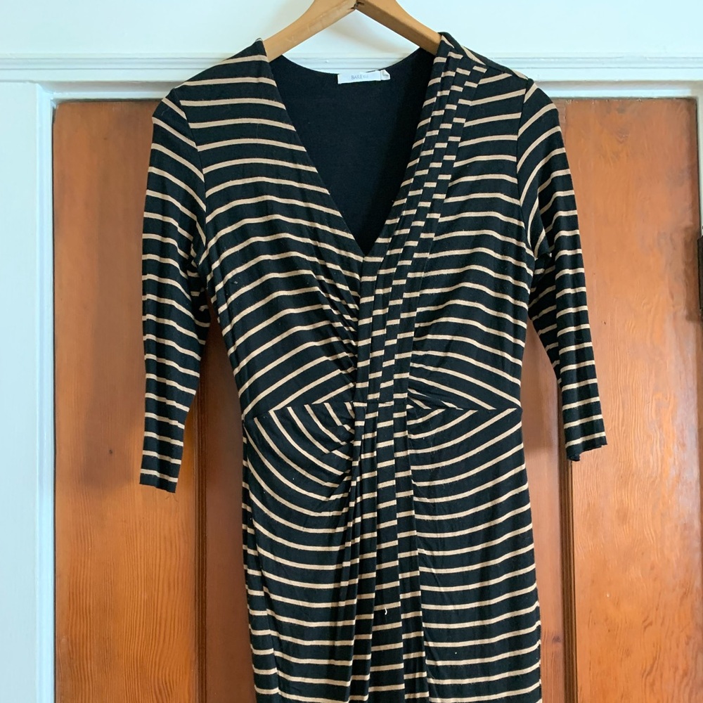 Bailey 44 midi dress with tan and black stripes and pleated details bodycon